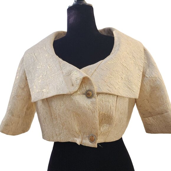 Luxurious Gold Brocade Jacquard Designer Jacket Cardigan Coat Bolero Cover Cape - Picture 15 of 16